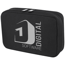 A black organiser pouch with a logo on the front, featuring a zip closure and sleek design.