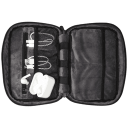 A grey organiser pouch containing charging cables and earbuds, featuring a logo on the exterior.