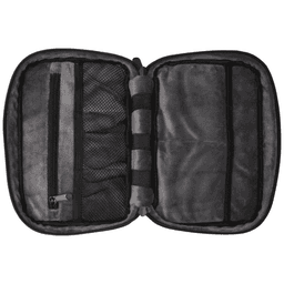 A grey recycled organiser pouch with multiple compartments and a mesh pocket, featuring a branding logo.