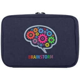 A navy organiser pouch featuring a brain design with colourful gears and a logo at the bottom.