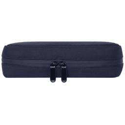 A dark blue organiser pouch with a zip closure, featuring a sleek, rectangular design and a branding logo.