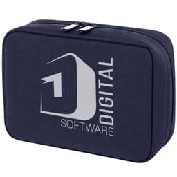 A navy organiser pouch with a zip closure and a logo on the front. The pouch has a rectangular shape.