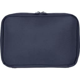 A navy organiser pouch with a zip closure, featuring a plain surface and a logo.