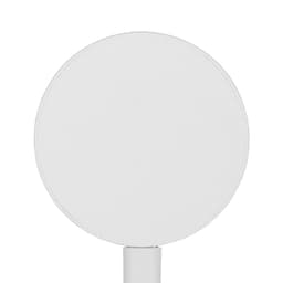 A round, white magnetic wireless charger with a sleek design and a built-in stand.