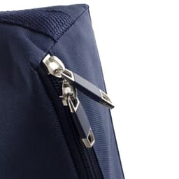 A navy blue zipper close-up on a textured fabric, featuring silver metal zipper pulls and a stitching detail.