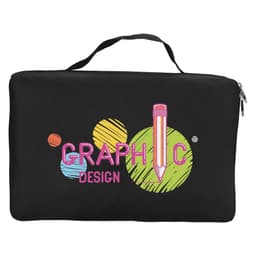 A black zippered case featuring colourful graphic design elements, including a pencil and circular patterns.