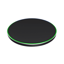 A black Qi wireless charger with a minimalistic design and a subtle multicoloured LED ring around the edge.