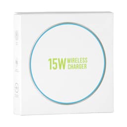 A white box containing a wireless charger with a circular design and a light blue rim. The box features branding.