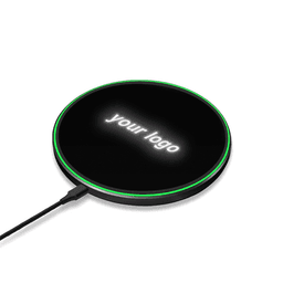 A black wireless charger with a green accent and a logo displayed on top.