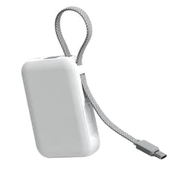 A white power bank with a grey braided strap and a USB-C cable attached. It features a logo on the surface.