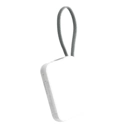 A white power bank with a grey strap, featuring a logo and a compact design.