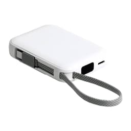 A white portable power bank with a grey strap and charging ports on the side. It has a smooth, minimalist design.