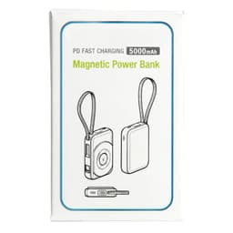 A magnetic power bank with a 5000mAh capacity, featuring a strap and a design in white. Includes branding elements.