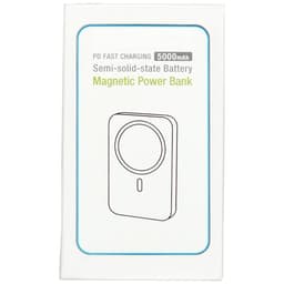 A white packaging box featuring a magnetic power bank with a semi-solid state battery, illustrated design, and branding logo.