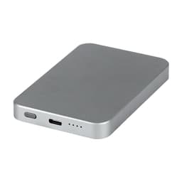 A silver power bank with a semi-solid state battery, featuring USB ports and an indicator light.
