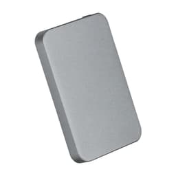 A sleek, silver power bank with a slim profile and a subtle logo on the surface.