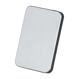 A silver power bank with a sleek design and rounded edges, featuring a branding logo.