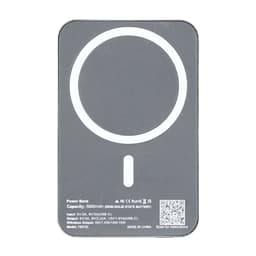 A grey power bank with a semi-solid state battery, featuring a circular logo and a QR code.