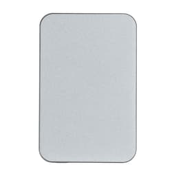A rectangular silver power bank with rounded edges, featuring a simple design and a logo.