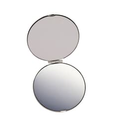 A silver compact mirror with a polished finish, featuring two reflective surfaces inside.