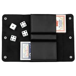 A black leather cover holding two decks of playing cards and four white dice.