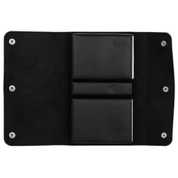A black leather cover opens to reveal two card holders inside, with a soft, textured lining.