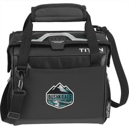 A black lunch cooler featuring a grey handle and shoulder strap, with a logo on the front.