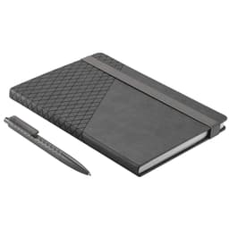 A grey notebook with a textured cover and an elastic band, accompanied by a matching pen.