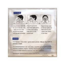 A N95 respirator face mask in a plastic packaging, featuring instructions on usage and a warning notice. The mask is white.