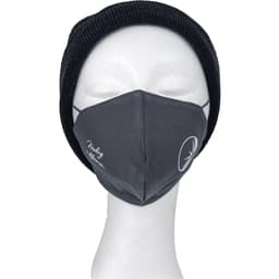 A grey face mask displayed on a mannequin head, featuring a logo and worn with a black beanie.