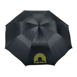 A black vented golf umbrella with an intricate design and a logo on one panel.