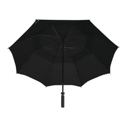 A black vented golf umbrella with a curved handle and multiple segments for extra coverage.