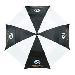 A vented golf umbrella featuring black and white panels and a logo.