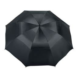 A black vented golf umbrella featuring multiple panels and a central rib for support. It includes a logo.