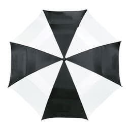 A black and white vented golf umbrella featuring a simple geometric design and a central button.