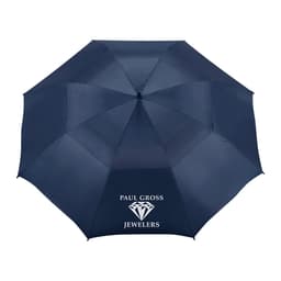 A navy blue vented golf umbrella featuring a logo with a diamond design.