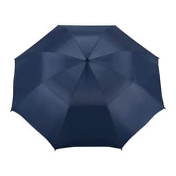 A navy blue vented golf umbrella with a sturdy structure and a central opening mechanism. It features a logo.