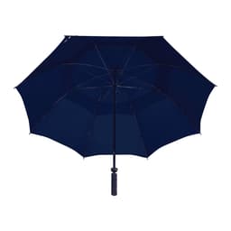 A navy blue vented golf umbrella with a sturdy handle and a curved canopy design. Features a logo on the handle.
