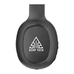 Black wireless headphones with a logo on the side. The design is sleek and modern, featuring a microphone.