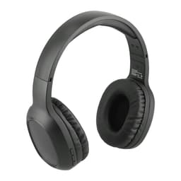 Black Bluetooth headphones with soft ear cushions and adjustable headband, featuring a simple design and a logo.