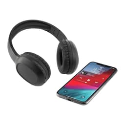 A pair of black Bluetooth headphones with a microphone next to a smartphone displaying a music player screen.