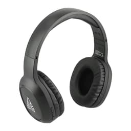 Black Bluetooth headphones with cushioned ear cups and adjustable headband, featuring a logo on the side.