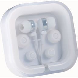 White Colour Pop Earbuds in a clear case, featuring multiple ear tips and a logo.