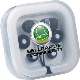 Colour Pop Earbuds in a clear case, featuring multiple ear tips and a branding logo. The earbuds are black.
