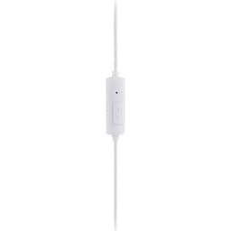 A pair of white earbuds with a built-in microphone and control button on the cord.