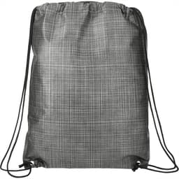 A black and grey crossweave drawstring bag featuring adjustable straps and a subtle textured design.