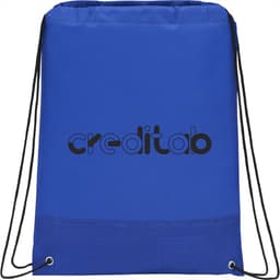 A blue drawstring bag with a textured bottom and a logo printed on the front.