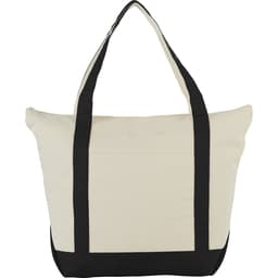 A zippered cotton tote bag in beige and black with dual handles and a front pocket. It features a logo.