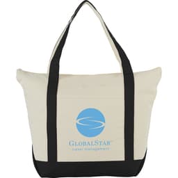 A zippered cotton tote bag in cream with black handles and a logo on the side.