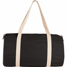 A black duffel bag with light beige straps and a logo on the side.